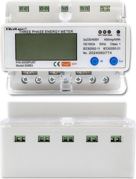 Actual product image Qoltec 50883 Three phase electronic energy consumption meter for DIN rail | Wi-Fi | TUYA | 400V | LC