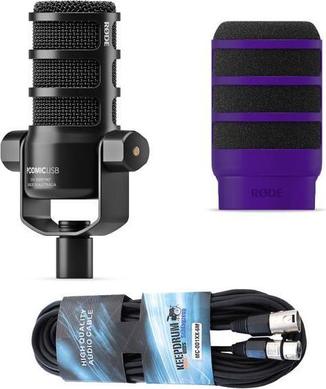 Actual product image RØDE Podmic USB microphone with WS14PU pop screen purple and cable