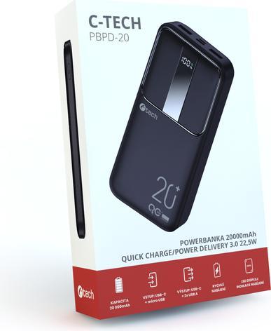 Actual product image C-Tech Powerbanka, Li-Pol,, USB-C/USB-A/micro USB (20000 mAh, 22.50 W)