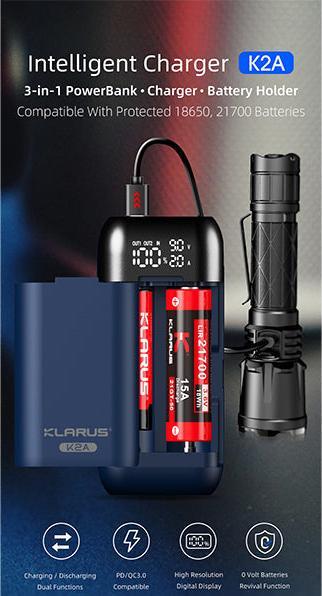 Actual product image Klarus Battery charger K2A for 2 batteries with 2 USB cables (1 pcs., Battery + charger)