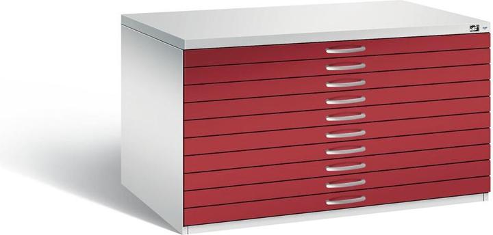 Produktbild C+P Zeichnungsschrank, DIN A0, 10 Schubladen, Höhe 760 mm, lichtgrau / rubinrot