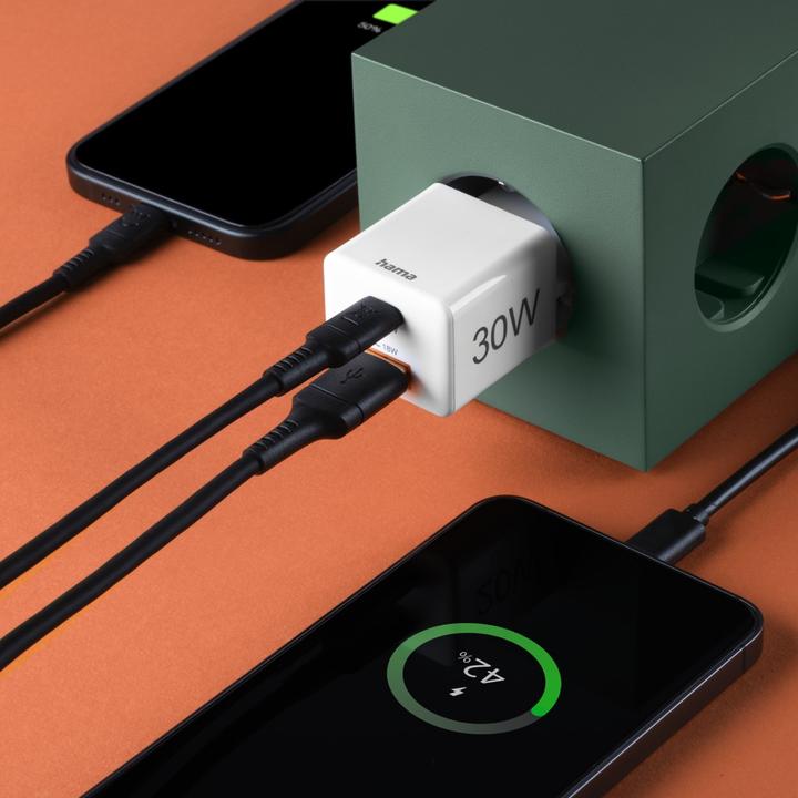 Productafbeelding Hama Snellader, USB-C, PD/Qualcomm®/GaN, Minilader, 30 W, Wit (30 W)