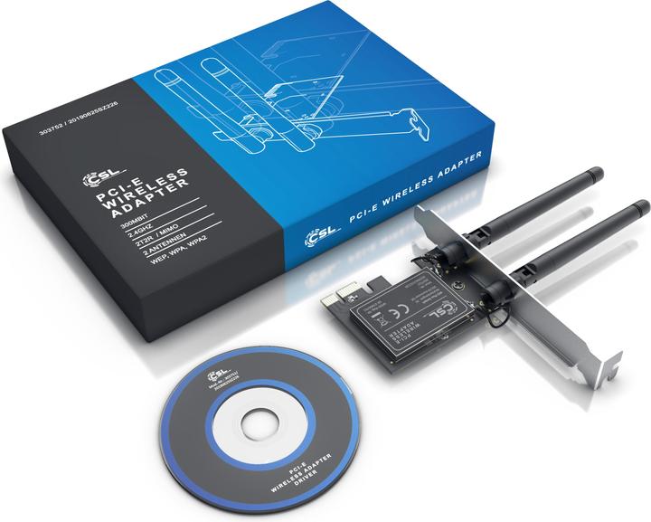 Produktbild CSL WLAN Netzwerkkarte 2,4 Ghz PCIe, 300 Mbit/s WiFi Adapter Karte mit 2x Externen Antennen (Mini PCI Express)