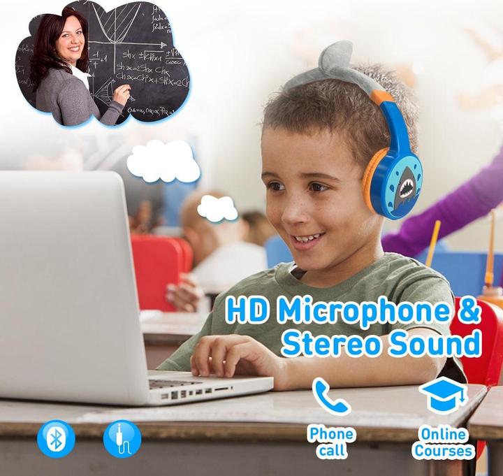 Image du produit PhoneLook Casque cool sans fil Bluetooth 5.3 pour enfants avec volume atténué 85dB et design amusant Shark