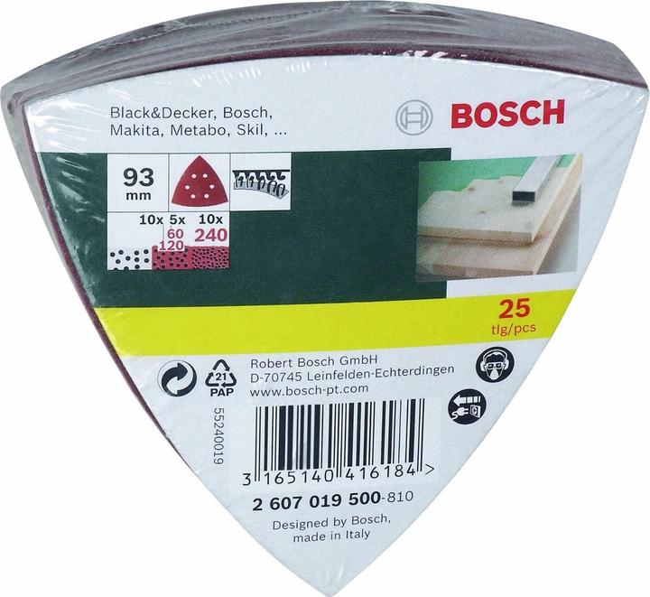 Bosch Zubehör Set di fogli abrasivi per levigatrice delta, 93 mm, 60 - 240, 6 fori, confezione da 25 (60, 120, 240)