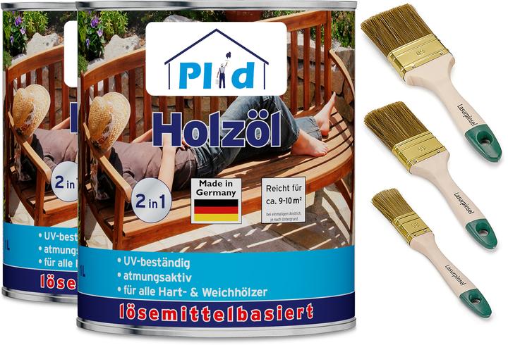 Produktbild Plid Holzöl 2L für ca. 20m² + Pinselset 3-tlg / Holz Pflegeöl Gartenmöbel (Douglasie, 2 l)