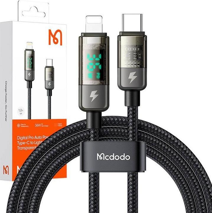 Actual product image Mcdodo CA-3600 USB-C to Lightning cable, auto power off, 36W, 1.2m (black) (1.20 m, 36 W)