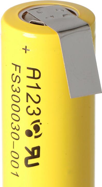 Actual product image A123 Systems A123 APR18650M-A1 1100mAh 3.3V LiFePo4 battery with solder tag Z-shape 64.95x18.2mm (1 pcs., 1100 mAh)