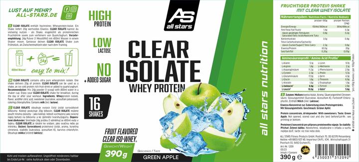 Valori nutrizionali e ingredienti All Stars Proteine Whey Isolate Clear (barattolo da 390 g) (Mela verde, 1 pz., 400 g)