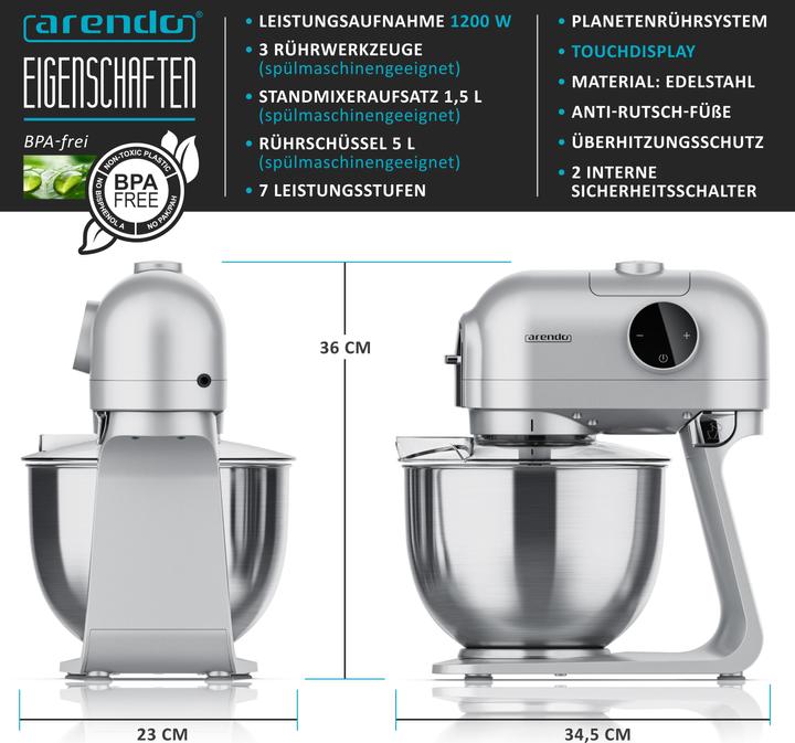 Actual product image Arendo Universal food processor with blender, mixer, 5 litre stainless steel bowl, kneading machine 1200W (1200 W)