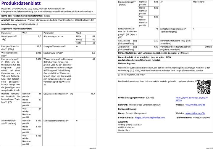 Produktbild Midea MF110W80B-14A10 Frontlader Waschmaschine, 8kg, 1400 U/min (8 kg, Links)