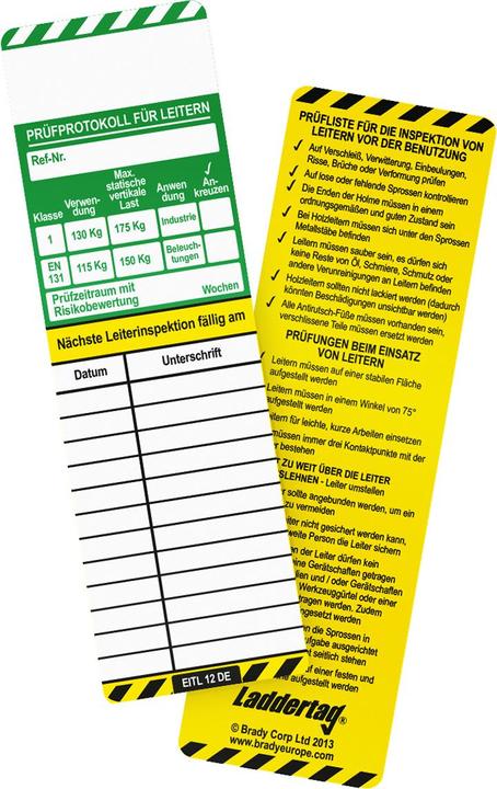 Actual product image Brady Scafftag®, LAD-DE-EITL-12-50, Laddertag® standard insert labels, polypropylene, green on white & S