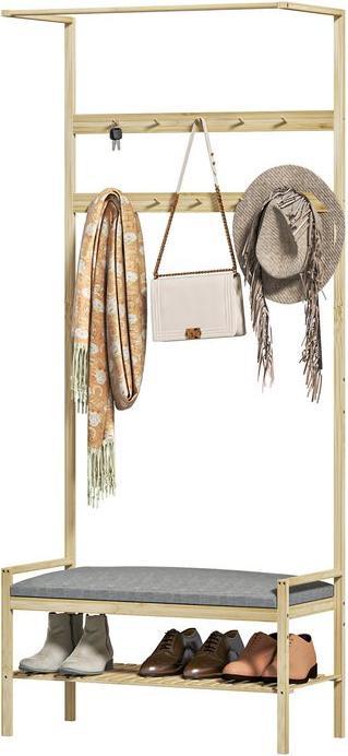 Actual product image Swisshandel24 Garderobenständer mit Schuhbank, Kleiderständer mit Haken, Schuhregal, Natur