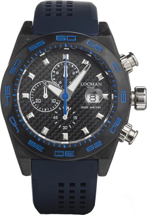 Actual product image Locman Italy Men's Watch Stealth Carbon Chronograph Black/Blue Ref. 0218 (Chronograph, 46 mm)