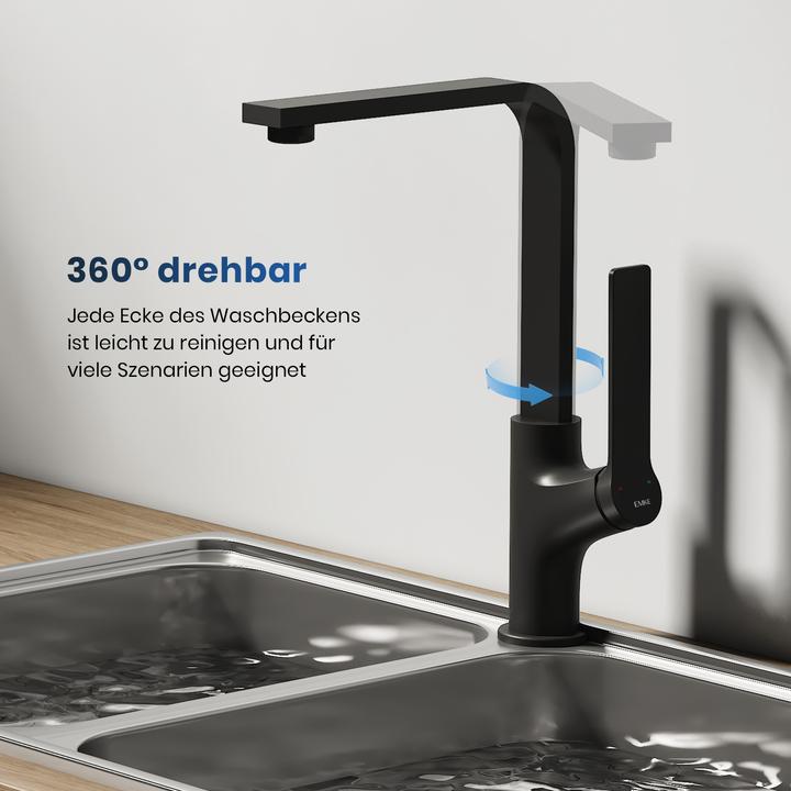 Produktbild Emke Küchenarmatur Schwarz Matt Ultradünnes Design 30x22x10 cm 360° Drehbar Edelstahl Einhebelmischer Mod