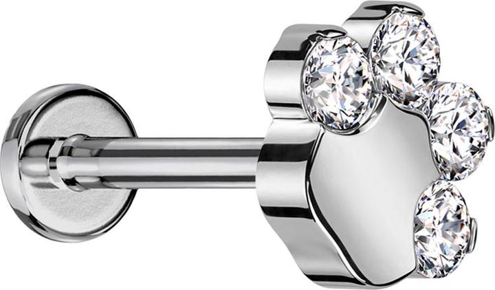 Star Piercing Micro Labret Innengewinde silber Pfote mit Kristallen silber (ohne Messing, Titan G23)