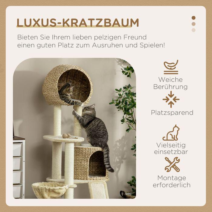 Produktbild Swisshandel24 Kratzbaum, 150 cm, Katzenbaum mit Katzenhaus, Kletterbaum mit Hängematte und Rampe, Katzenkratzbaum (150 cm, Braun, Creme)