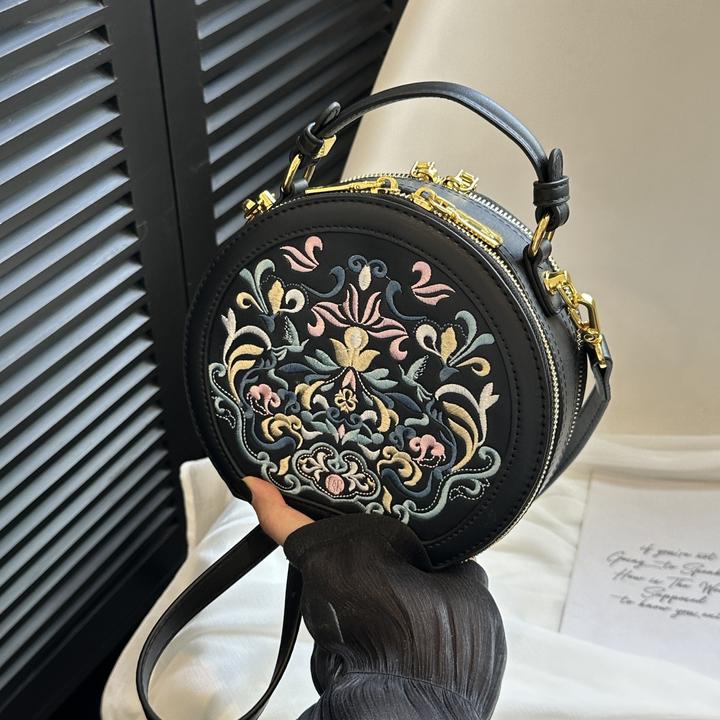 Actual product image Only-Bags.Store Elegant shoulder bag embroidered with flowers - Chic faux leather shoulder bag with gold-coloured