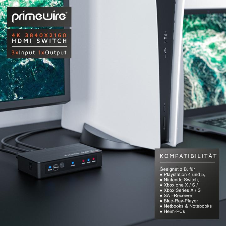 Immagine prodotto Primewire Switch HDMI 2.0b a 3 porte, distributore 4k 60Hz UHD, Ultra HD 4096x2160 HDR, telecomando