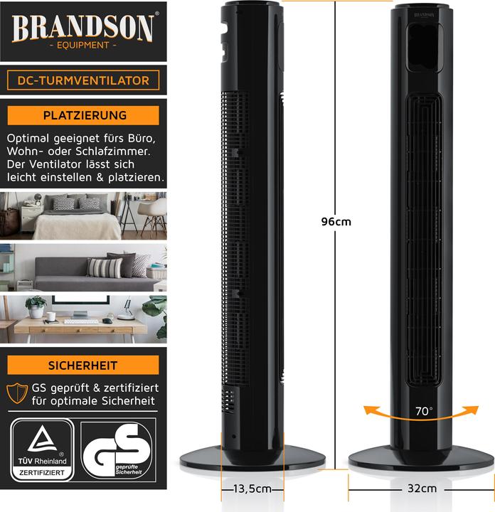 Immagine prodotto Brandson Ventilatore a torre, 12 velocità, DC, ECO, timer, oscillazione, telecomando, nero (50 dB)