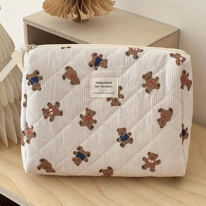Only-Bags.Store Kuschelige gesteppte Teddybär-Kosmetiktasche - perfekt für Reise oder Schule - weiches