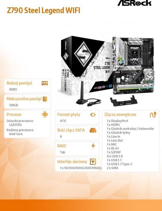 Immagine prodotto AsRock Z790 Steel Legend WiFi (LGA 1700, Intel Z790, ATX)