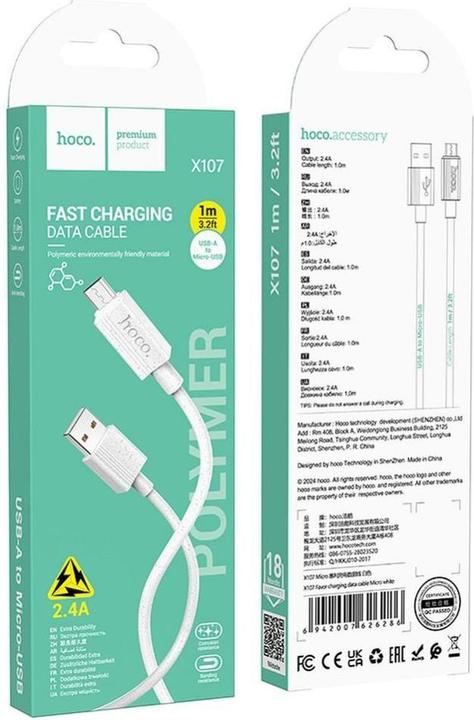 Produktbild Hoco Cable cable USB A to Micro USB 2,4A X107 1 m white (1 m, USB 3.2 Gen 1)