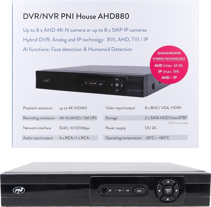 PNI DVR/NVR House AHD880, 8 analoge Kanäle 4K-N oder 8 IP-Kanäle 5MP, H265+, Audioeingang, Audioausg