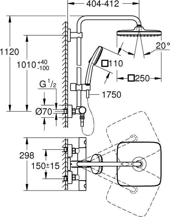 Actual product image Grohe Vitalio Comfort 250 Cube shower system with thermostatic mixer and Vitalio Comfort 110 hand shower