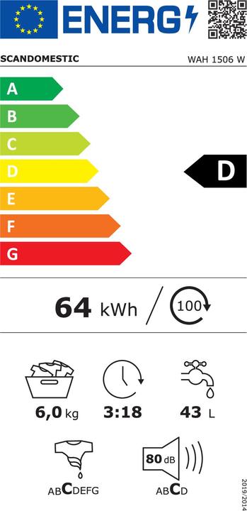 Etichetta energetica Scandomestic WAH 1506 W - Lavatrice - Larghezza: 59,5 cm - Profondità: 40 cm - Altezza: 85 cm - 6 kg. - 120 (6 kg, A sinistra)