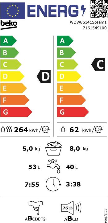 Energie-Label Beko WDW85141Steam1 (CH-Stecker)