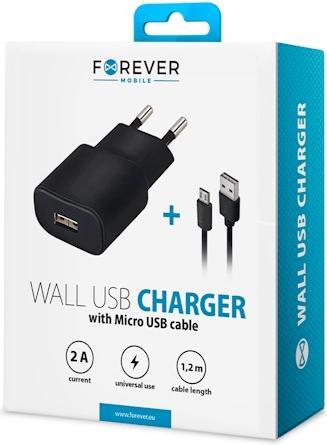 Actual product image Forever TC-01 charger 1x USB 2A black + microUSB cable