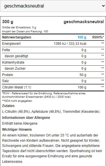 Nutritional values and ingredients Biotech USA Citrulline Malate (90 Piece, Capsules, 165 g)