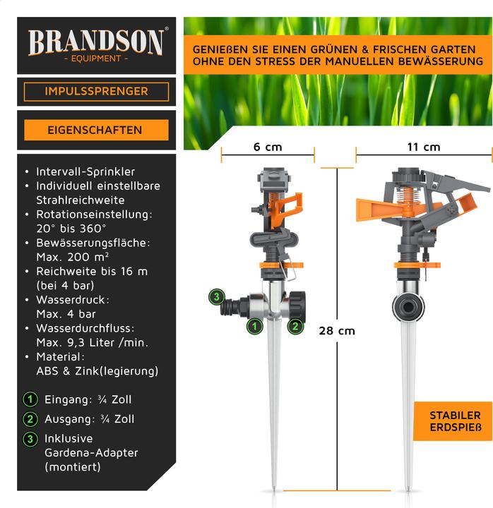 Actual product image Brandson 4x circular sprinkler, interval sprinkler, 360° impulse sprinkler, lawn sprinkler up to 200 m² (Impulse, circular and sector sprinklers)