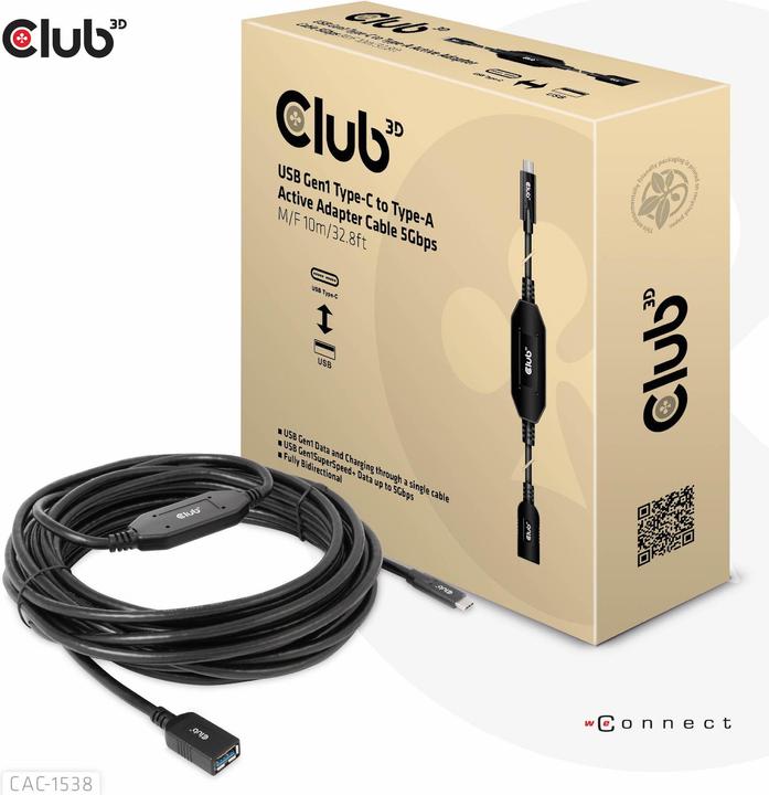 Actual product image Club 3D Club3D Cable USB 3.2 Type C <> USB Type A St/Bu (10 m, USB 3.2 Gen 1)