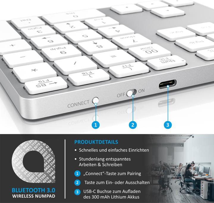 Actual product image Aplic Bluetooth numpad, wireless numeric keypad with multifunction keys, aluminium keypad, 35 keys, BT3.0 (DE, Wireless)