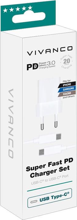 Immagine prodotto Vivanco Set di ricarica PD3.0 USB-C, 20W, incluso cavo USB-C da 1,2 m, bianco (20 W)