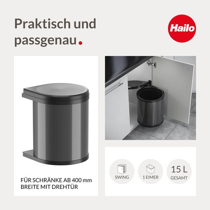 Produktbild Hailo Abfallsammler 3515071 Mono Schwenkeimer 15 Liter Einbau ab 40 cm Unterschrank mit Drehtür Schw (15 l)