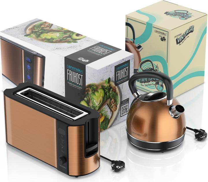 Actual product image Arendo Breakfast set, stainless steel kettle 1.7l 2200 Watt, 2-slice long slot toaster, copper (1.70 l)