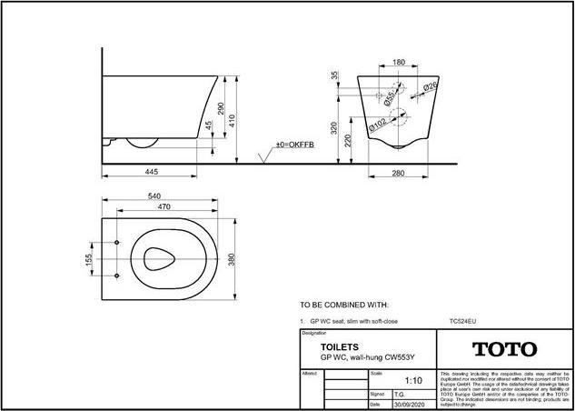 Actual product image TOTO GP Wall-hung WC deep, rimless, for GP WC seat white
