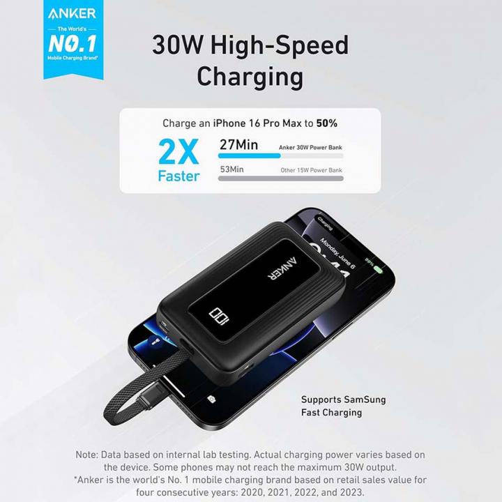 Produktbild Anker Power Bank with Built-In USB-C Cable | A1688H11 | 10000 mAh | Black (10000 mAh, 30 W)