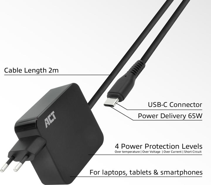 Produktbild USB-C laptop wall charger 65W with Power Delivery profiles, 2 meters (65 W)