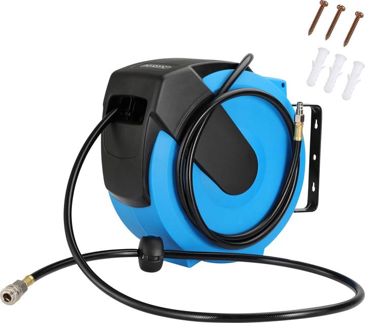 1x hose brake, 1x plug nipple, 1x operating instructions, 1x hose coupling, 4x screws, Washers & dowels, 1x wall bracket (removable), 1x automatic hose reel, 1x 20m compressed air hose