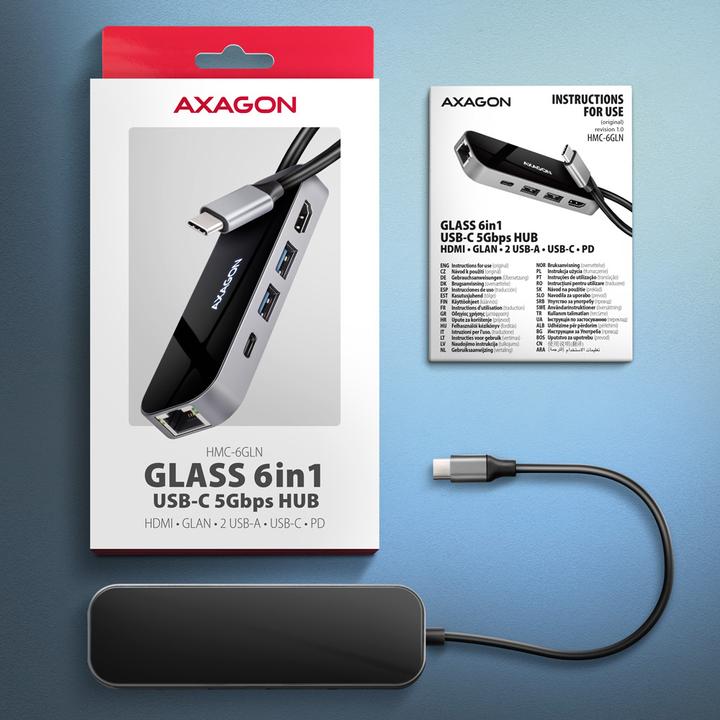 Produktbild Axagon HMC-6GLN USB-C 5Gbps GLASS 6in1 hub (USB-C, 6 Ports)