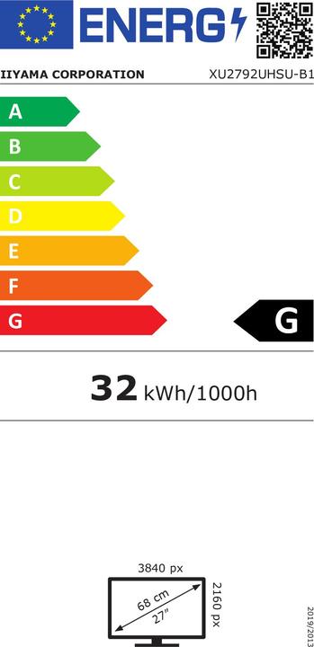 Energy Label iiyama ProLite XU2792UHSU-B1 LED screen 68.6 cm (27 inch) 3840 x 2160 pixels 4K Ultra HD Black (3840 x 2160 Pixels, 27")