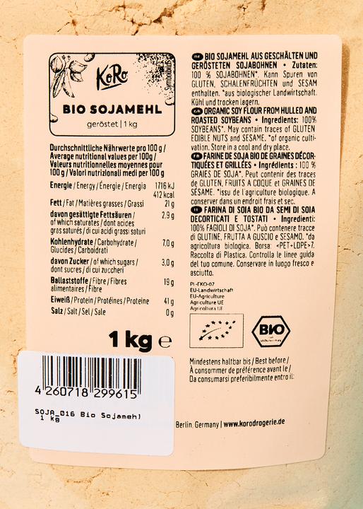 Nährwerte und Zutaten KoRo Bio Sojamehl aus geschälten und gerösteten Sojabohnen (1000 g)