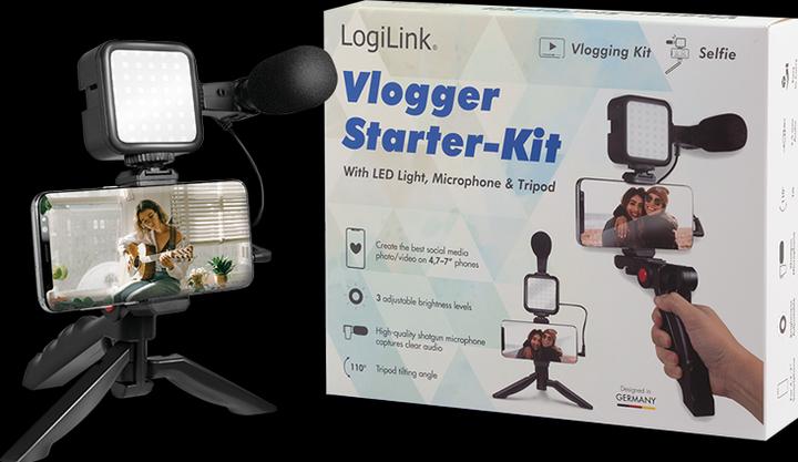 Produktbild LogiLink Vlogger Kit mit LED-Licht, Mikrofon + Stativ, für 4,77" Smartphones