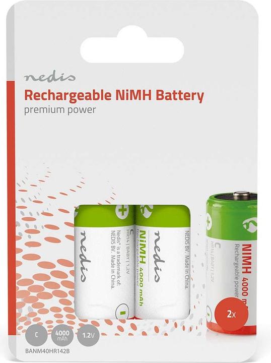 Image du produit Nedis Batterie rechargeable NI-MH C 1.2 V DC 4000 mAh préchargée 2 blisters HR14 Vert/Rouge (2 pcs, C, 4000 mAh)