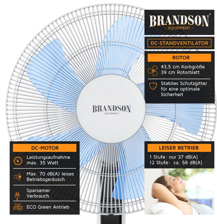 Immagine prodotto Brandson Ventilatore da piedistallo, motore DC, telecomando, risparmio energetico, timer, silenzioso (56 dB)