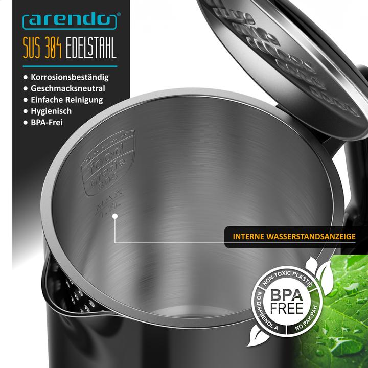 Image du produit Arendo Wasserkocher 1,7 L aus Edelstahl, Temperatureinstellung 40°-100°C mit Anzeige, Doppelwand, 2200 W (1.70 l)